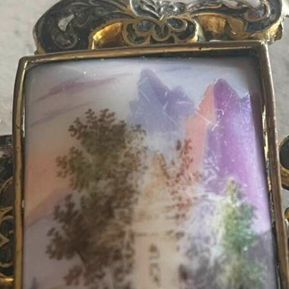 Victorian Hand Painted French Champleve Impressionist Porcelain Brooch c.1880 - Picture 6 of 12